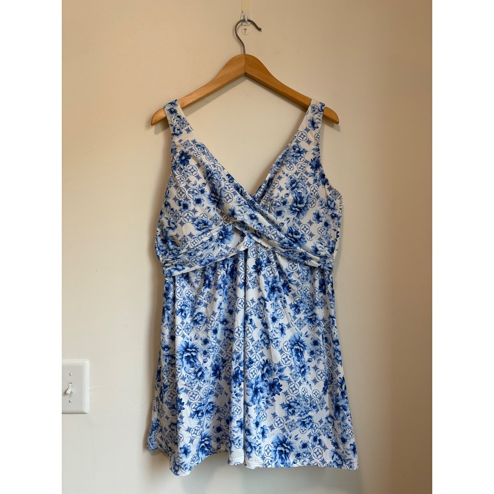 Lands End Blue White Floral Wrap Swim Dress One Piece Swimsuit 20W Plus Size